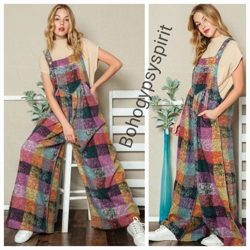 Patchwork Plaid Fleece Wideleg Jumpsuit Overalls - Picture 5 of 16